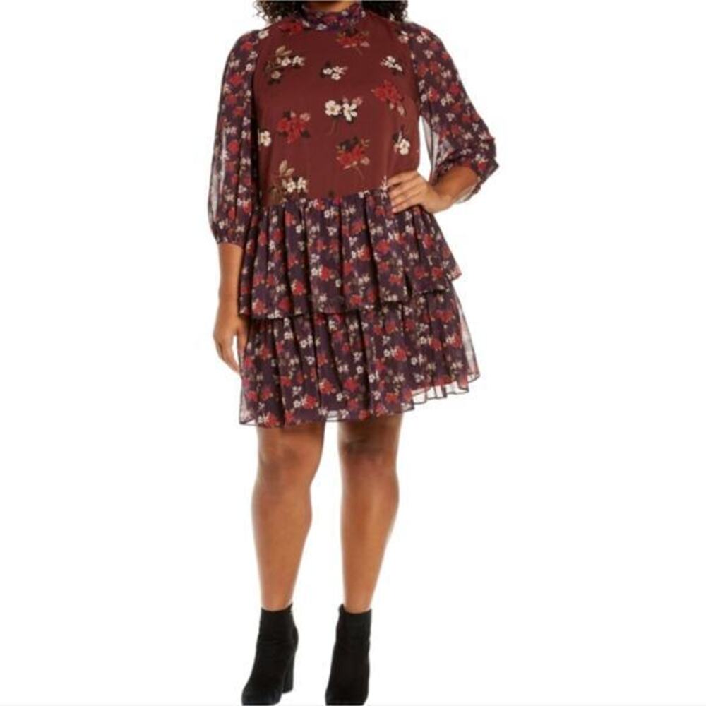 Eliza J Floral Print Tiered Mini‎ Dress Mock Neck Long Sleeve Burgundy Red sz 10